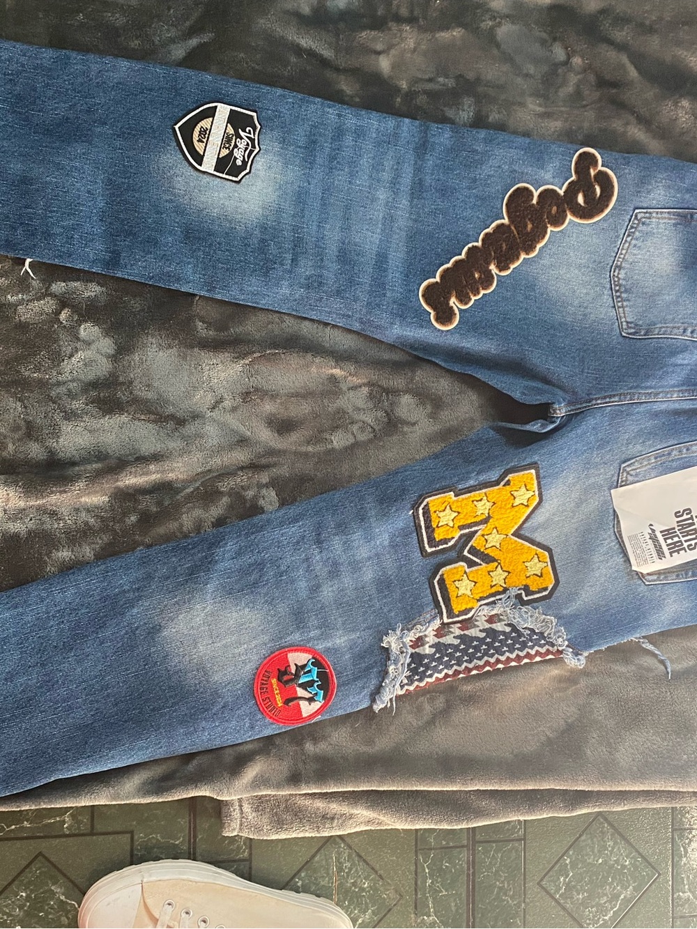 Blue Patchwork Ripped Men’s Jeans - Picture 2 of 5